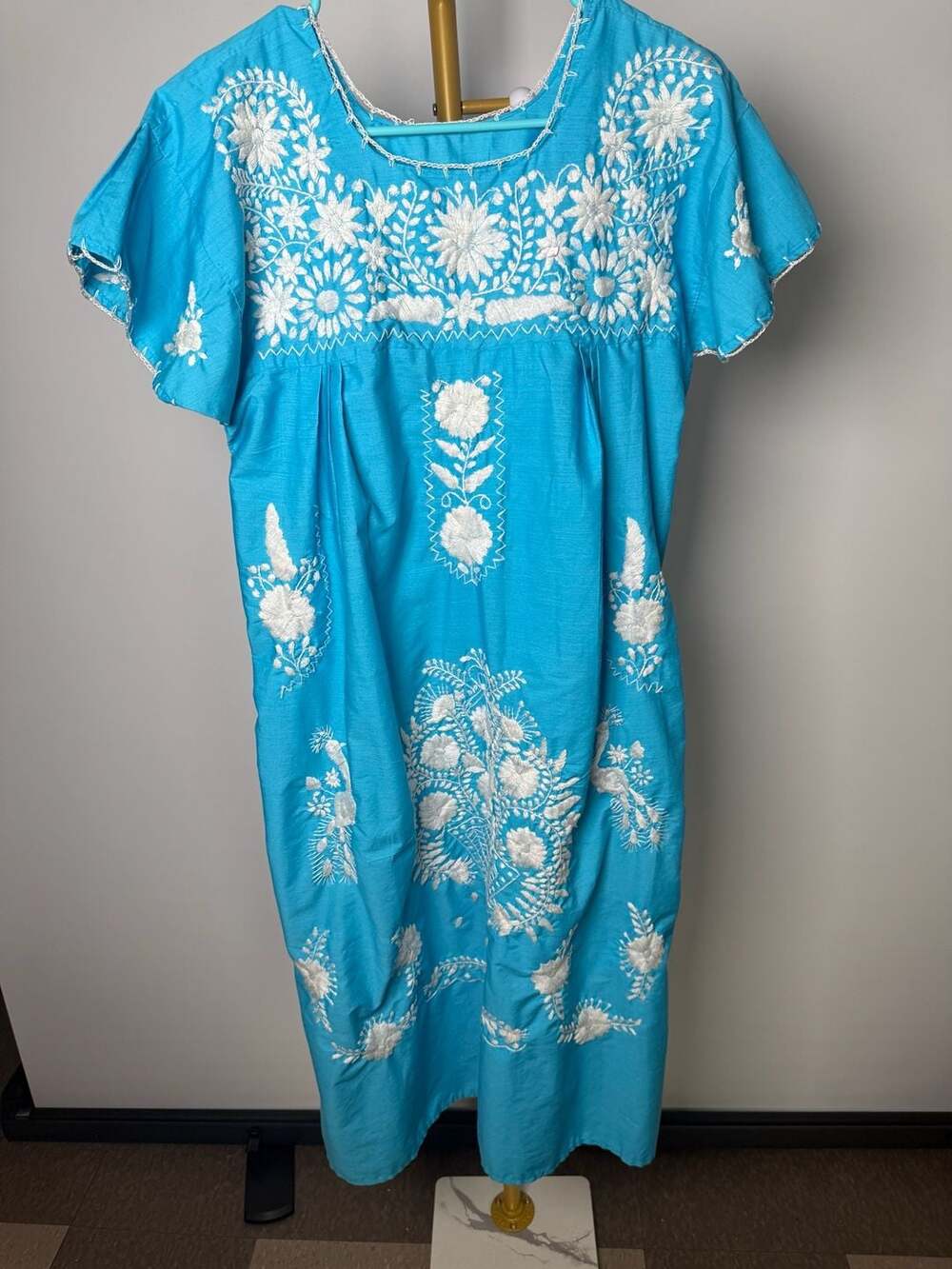 Mexican Handmade Embroidered Aqua Blue Peasant Dress with White Floral Embroider